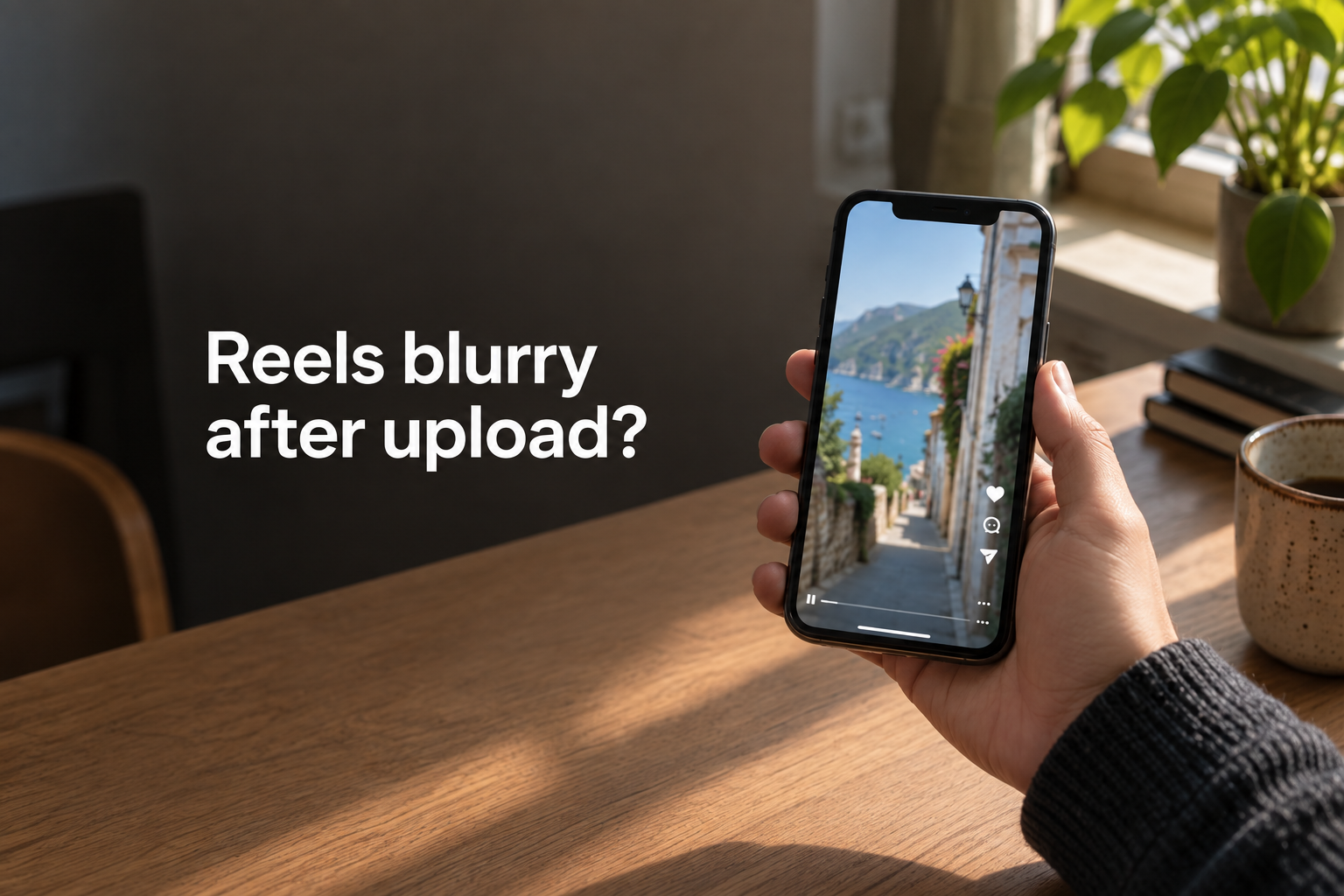 A hand holding a phone with a soft-looking video, beside the text “Reels blurry after upload?”