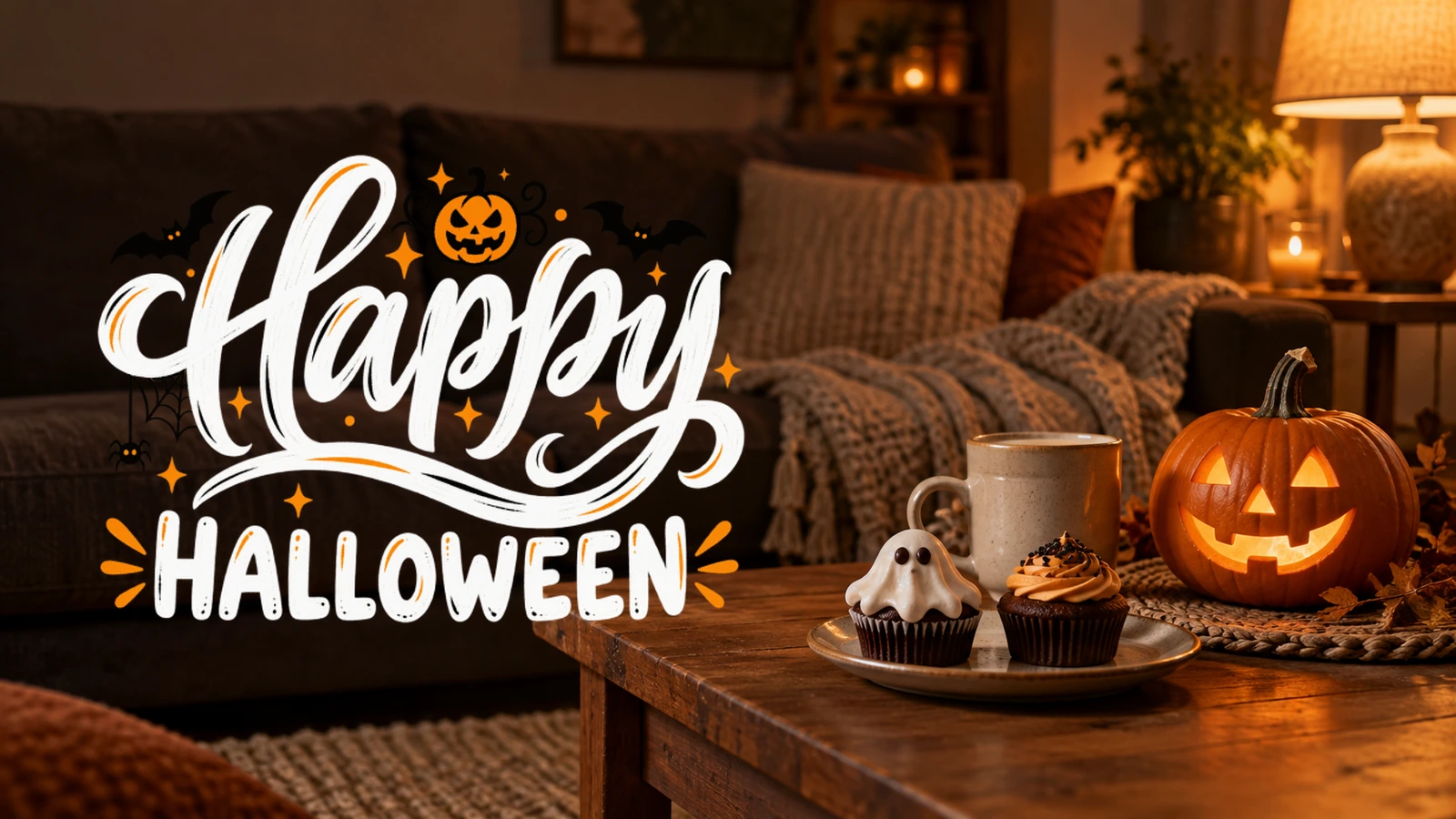White Happy Halloween lettering over a cozy living room scene with cupcakes and a glowing jack-o-lantern.
